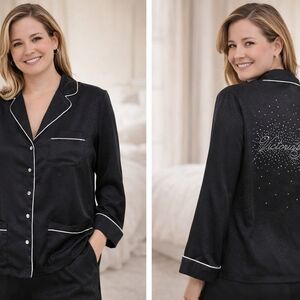 Victoria’s Secret Black Satin Pajama Top Leopard Print Rhinestone Back